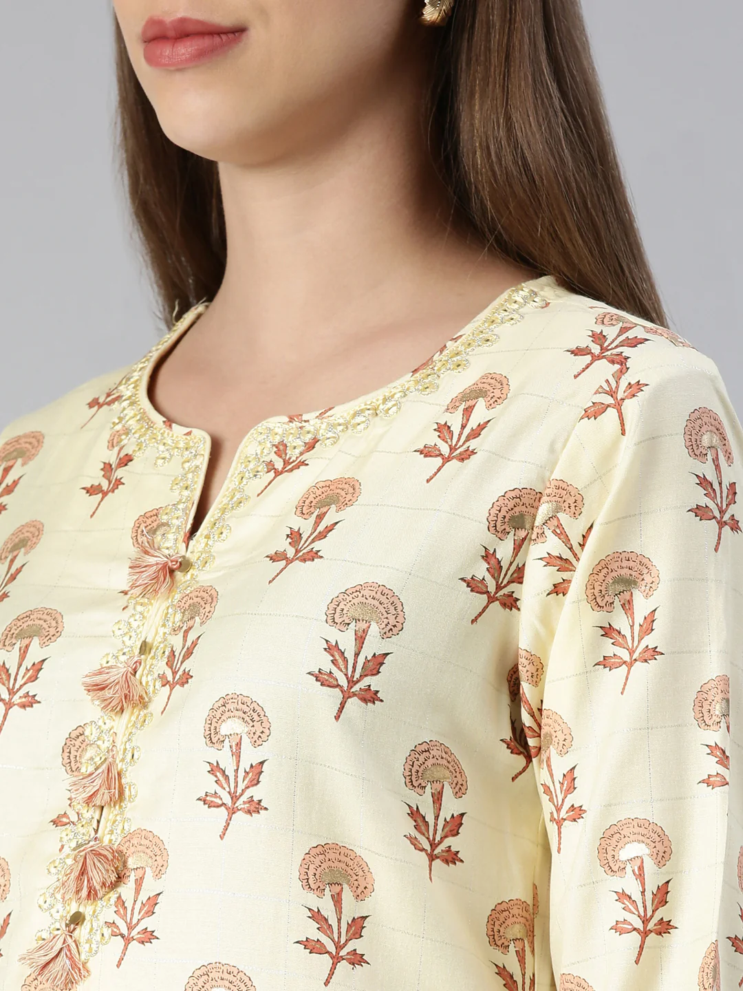 Neerus Women Yellow Printed Calf Length Kurta And Trousers With Dupatta - Image 4