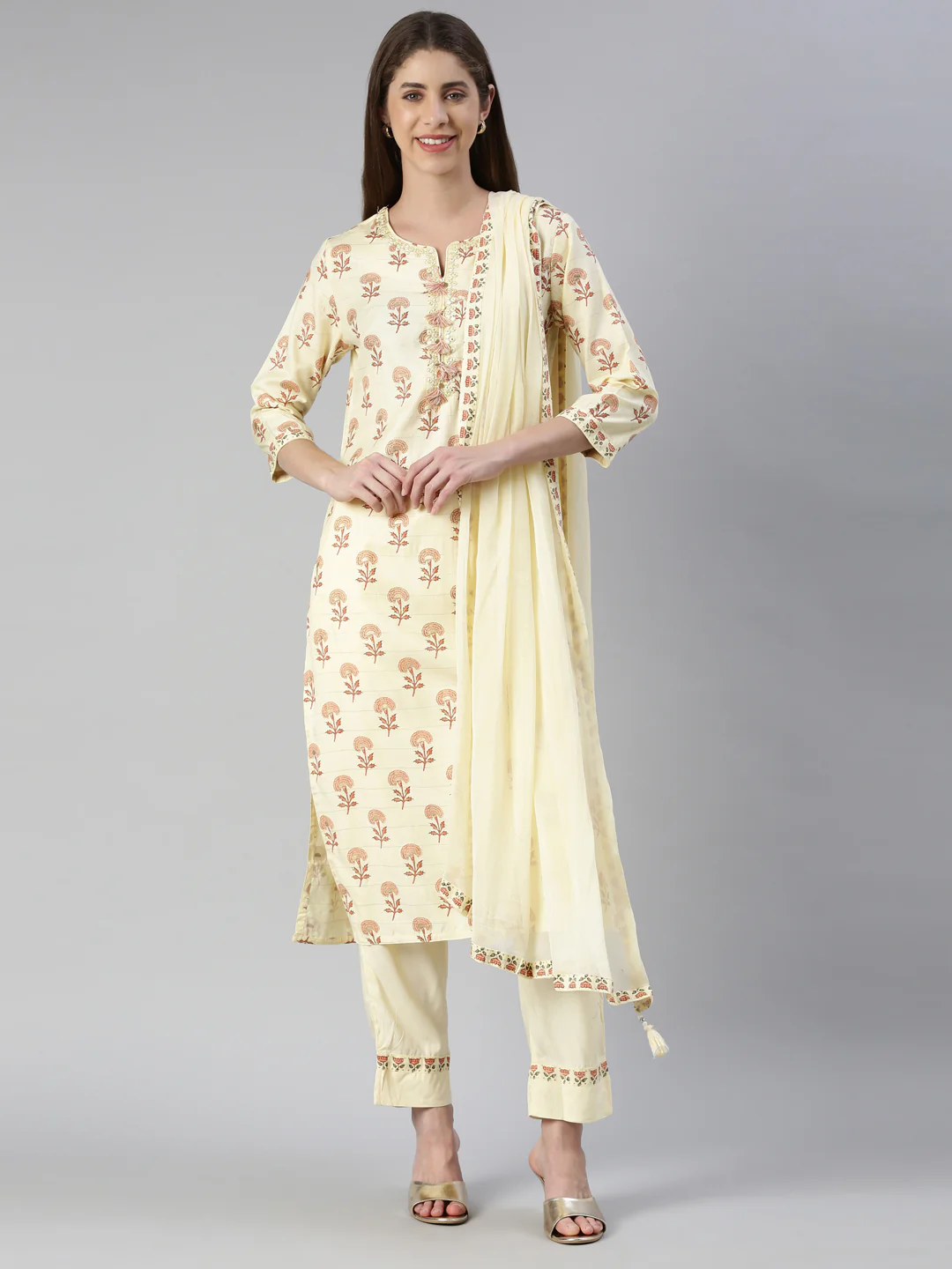 Neerus Women Yellow Printed Calf Length Kurta And Trousers With Dupatta - Image 5