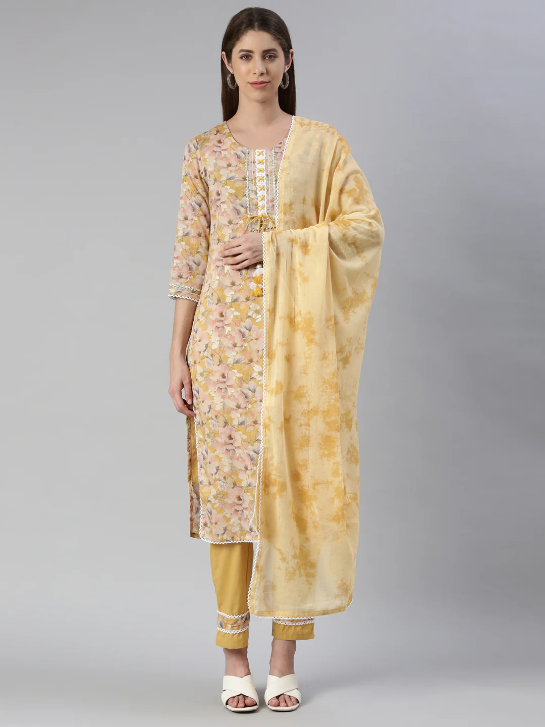 Neerus Women Yellow Printed Calf Length Kurta And Trousers With Dupatta