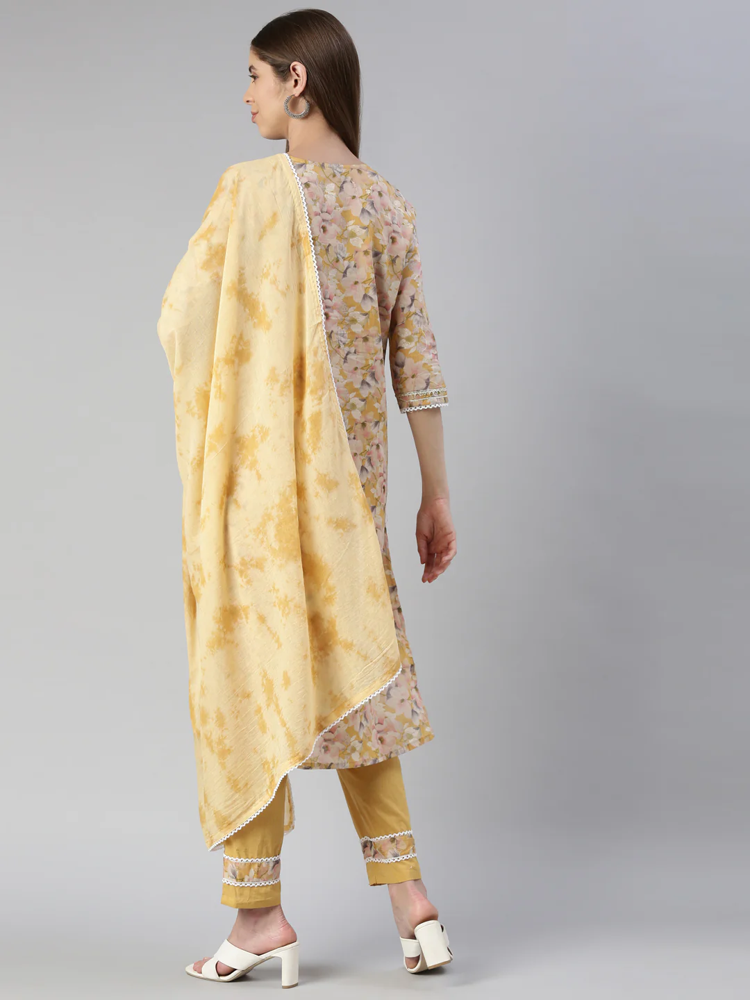 Neerus Women Yellow Printed Calf Length Kurta And Trousers With Dupatta - Image 3