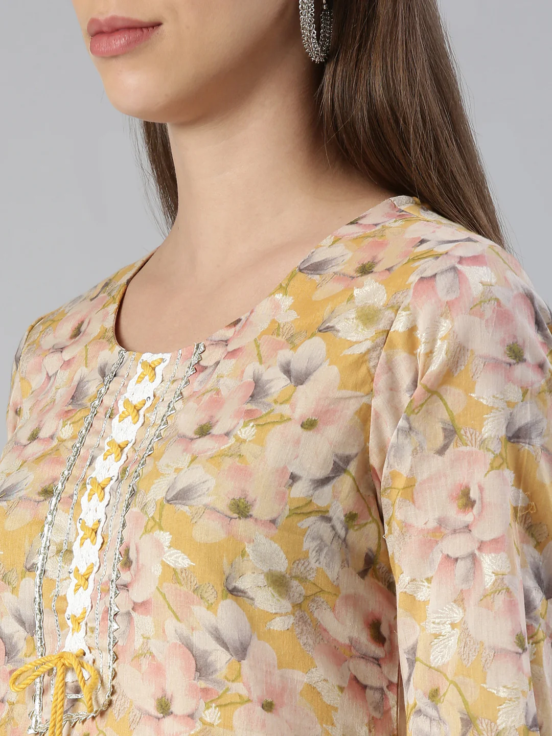 Neerus Women Yellow Printed Calf Length Kurta And Trousers With Dupatta - Image 4
