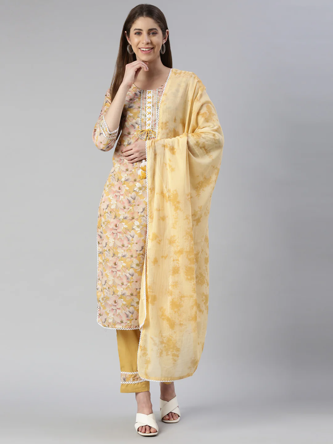 Neerus Women Yellow Printed Calf Length Kurta And Trousers With Dupatta - Image 5