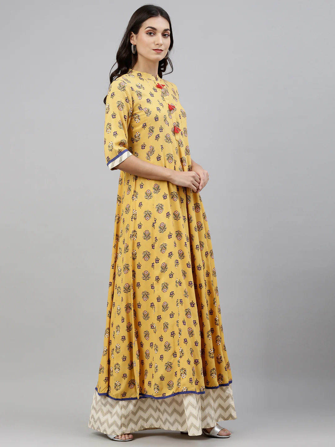 Neerus Women Yellow Printed Kurta with Skirt - Image 3