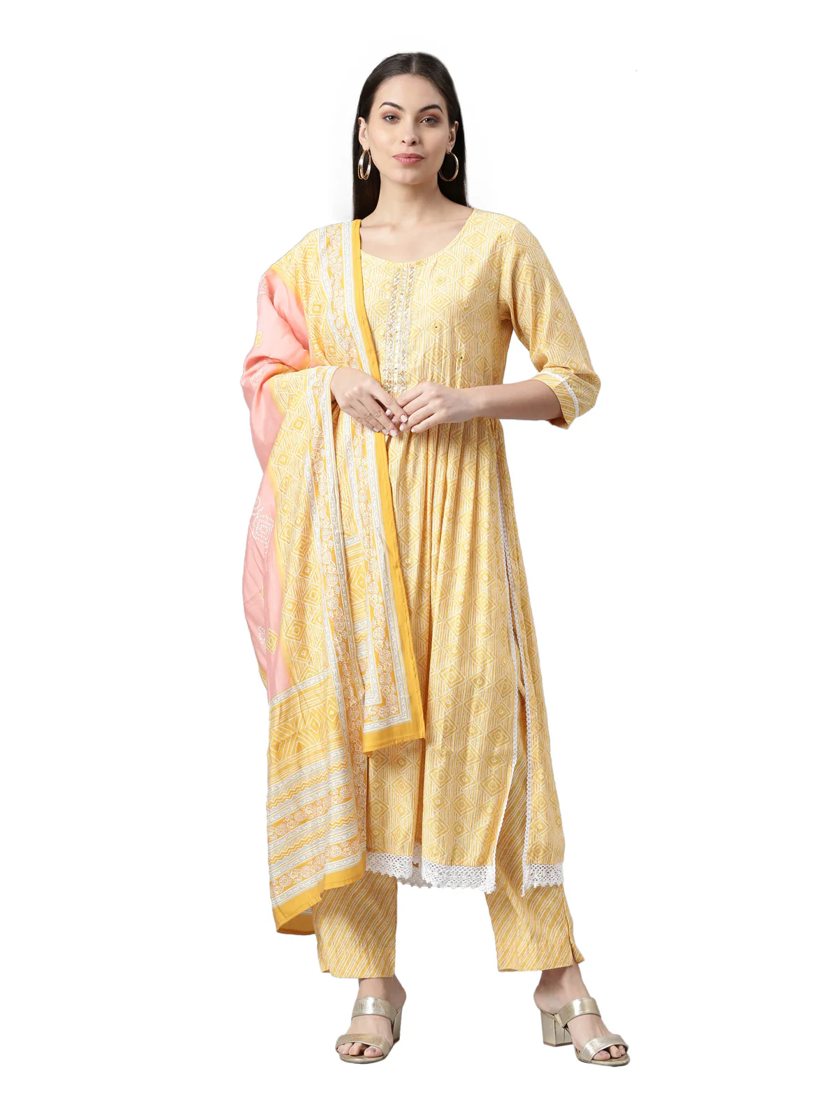 Neerus Women Yellow Printed Pleated Kurta with Trouser With Dupatta Set