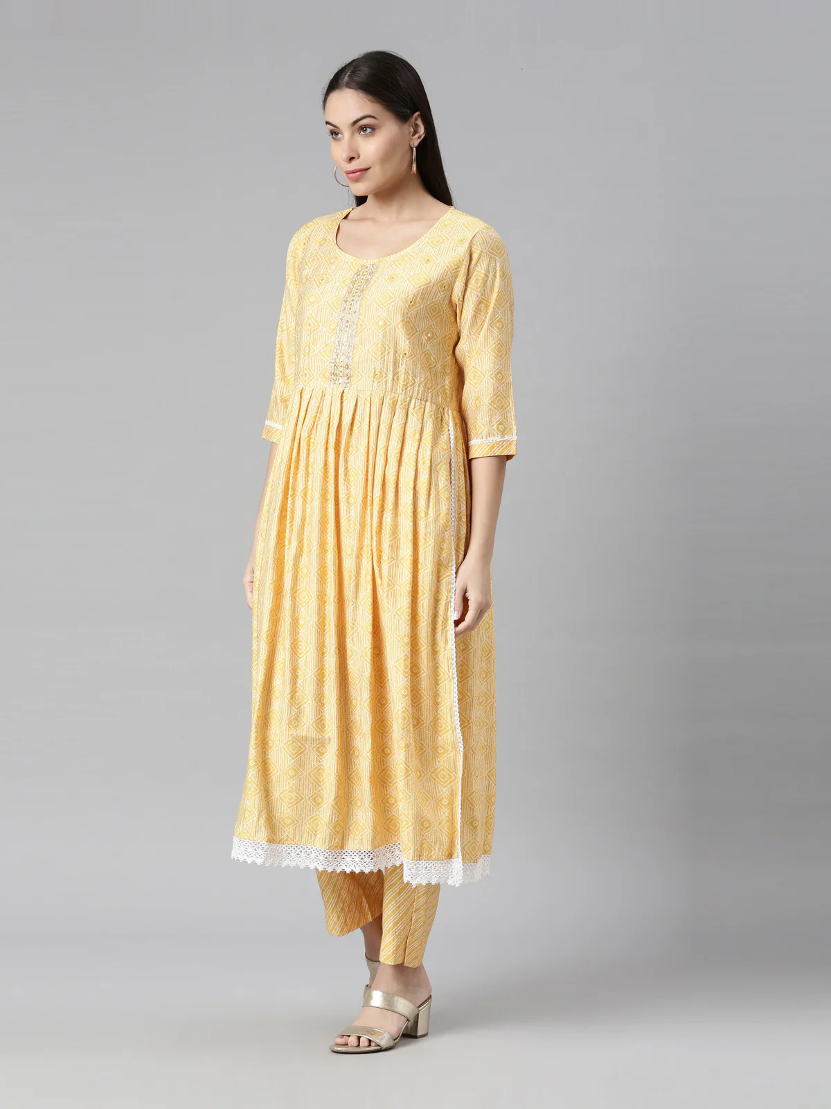 Neerus Women Yellow Printed Pleated Kurta with Trouser With Dupatta Set - Image 2