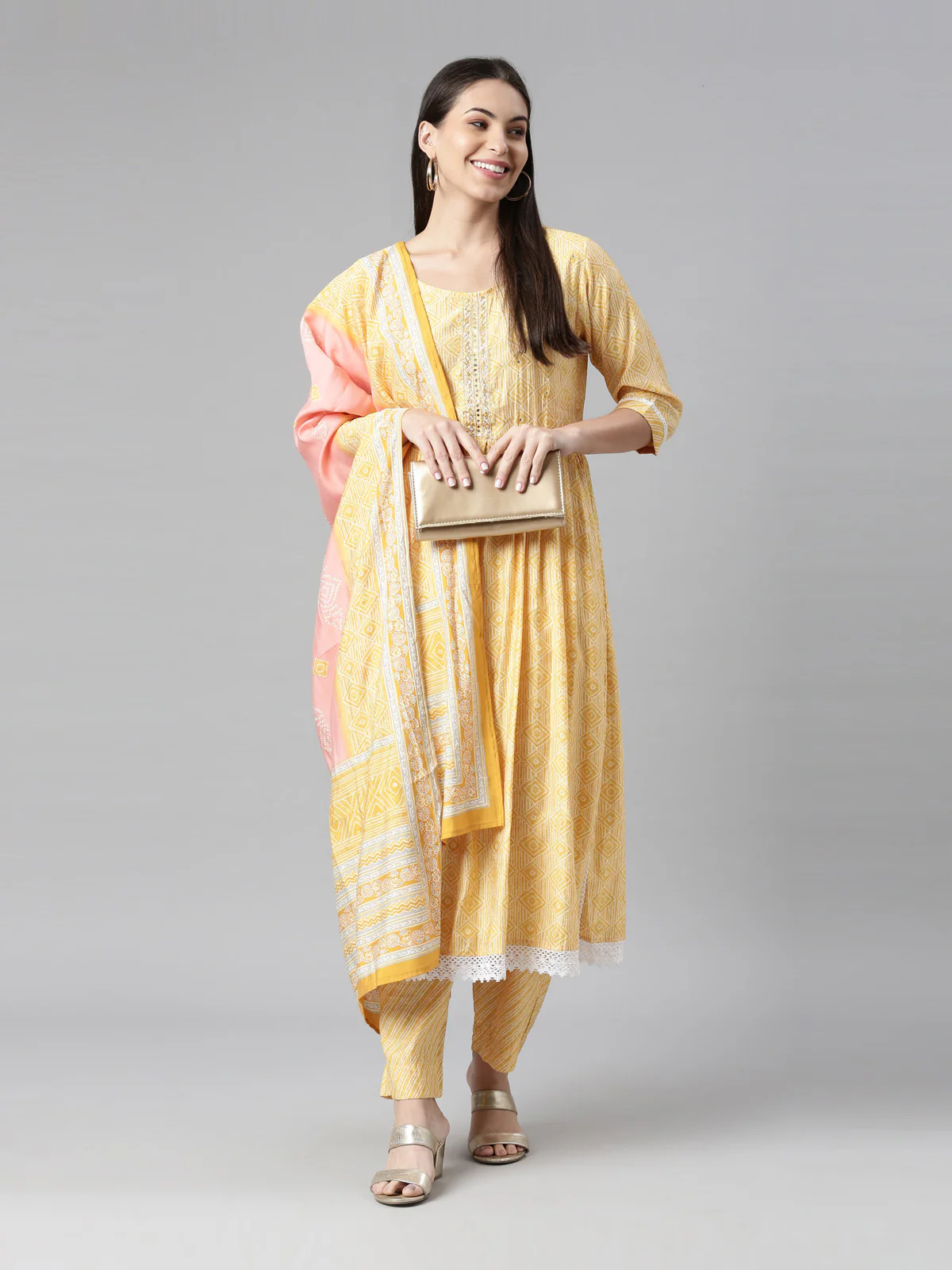 Neerus Women Yellow Printed Pleated Kurta with Trouser With Dupatta Set - Image 5