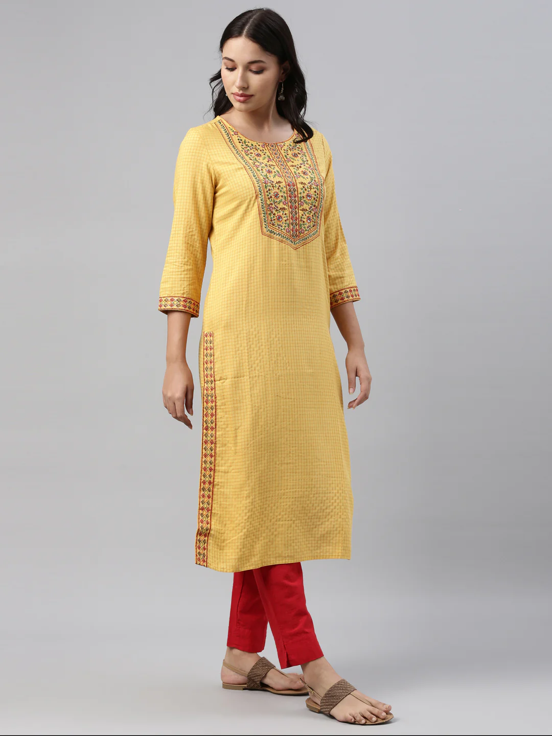 Neerus Women Yellow Red Floral Yoke Design Thread Work Floral Kurta - Image 2