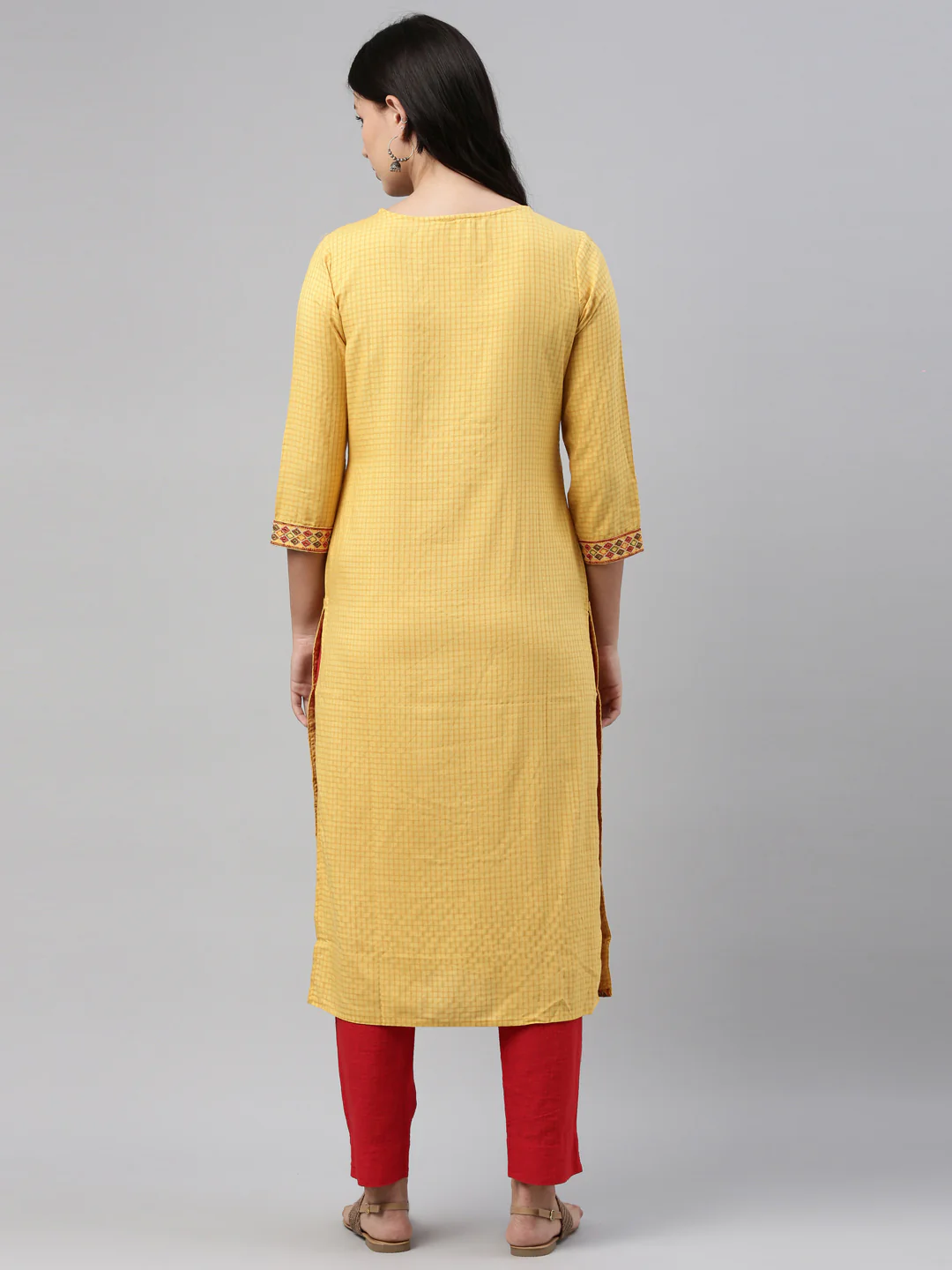 Neerus Women Yellow Red Floral Yoke Design Thread Work Floral Kurta - Image 3