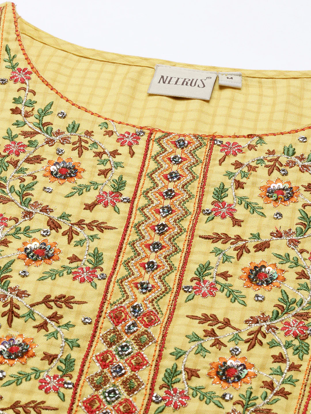 Neerus Women Yellow Red Floral Yoke Design Thread Work Floral Kurta - Image 4