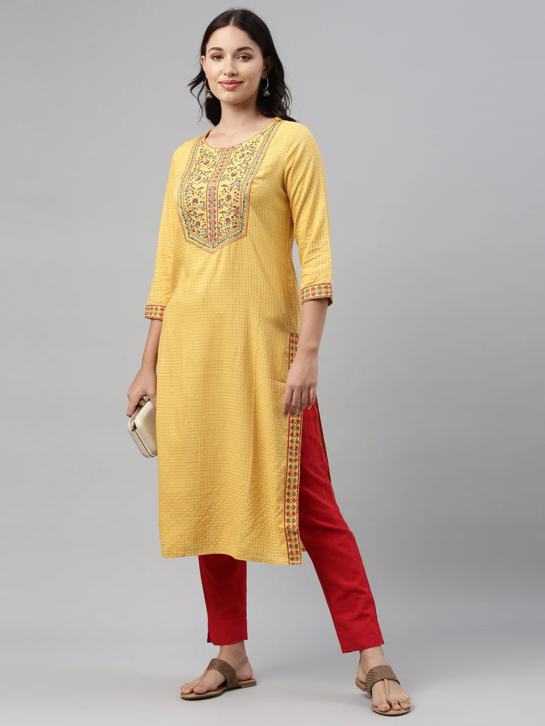 Neerus Women Yellow Red Floral Yoke Design Thread Work Floral Kurta - Image 5