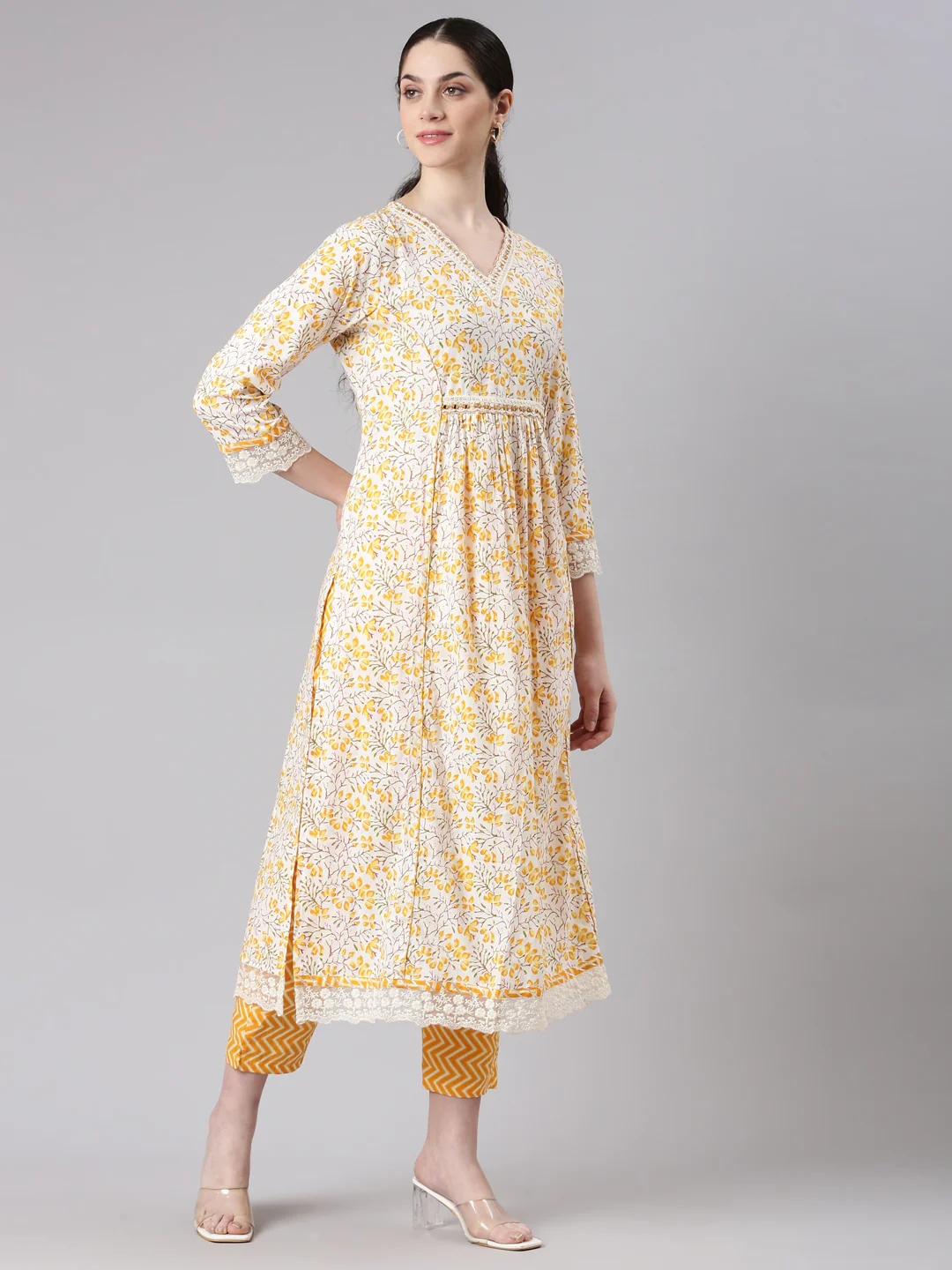 Neerus Women Yellow Straight Kurta and Trousers With Dupatta - Image 2