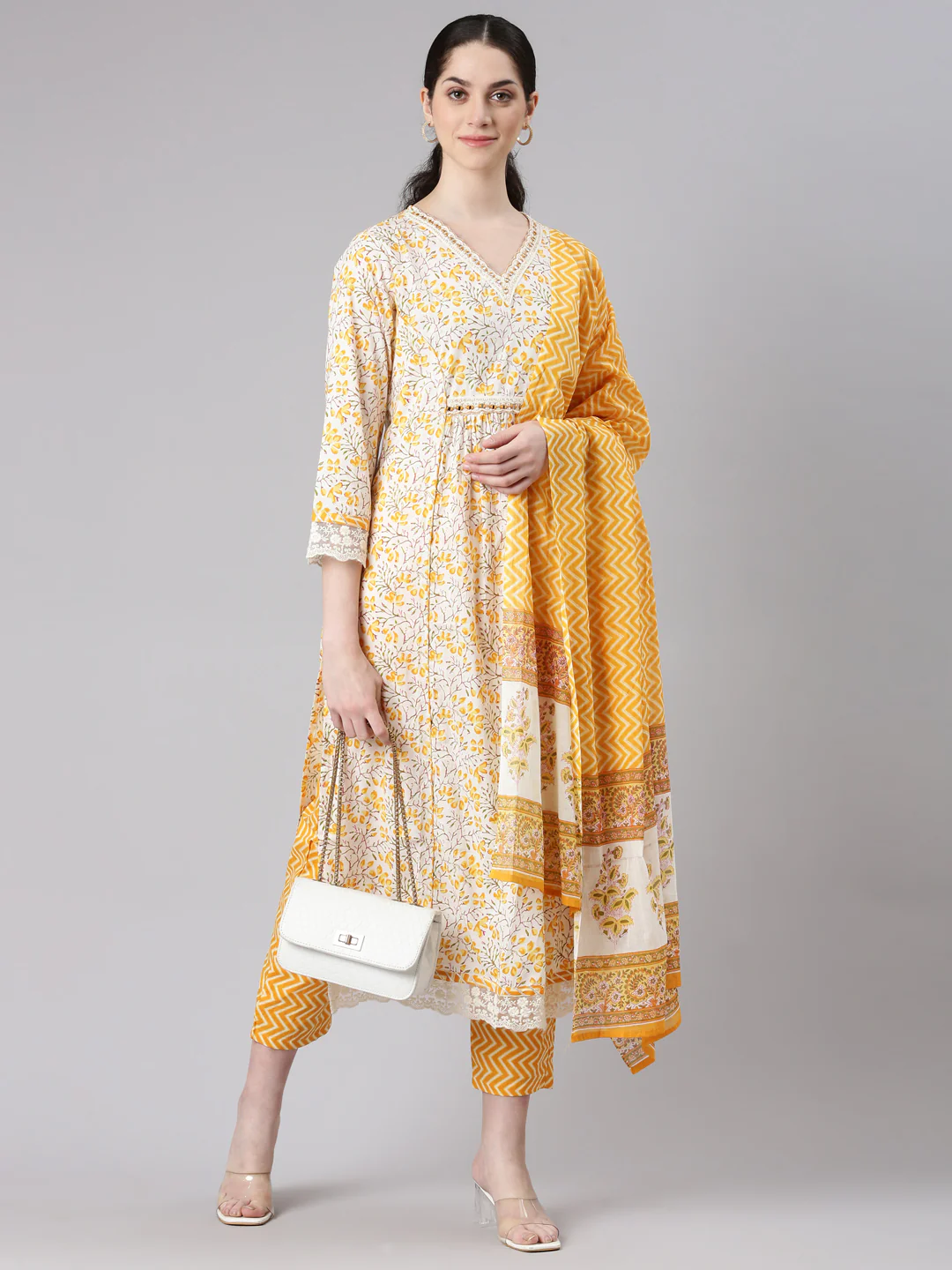 Neerus Women Yellow Straight Kurta and Trousers With Dupatta - Image 5