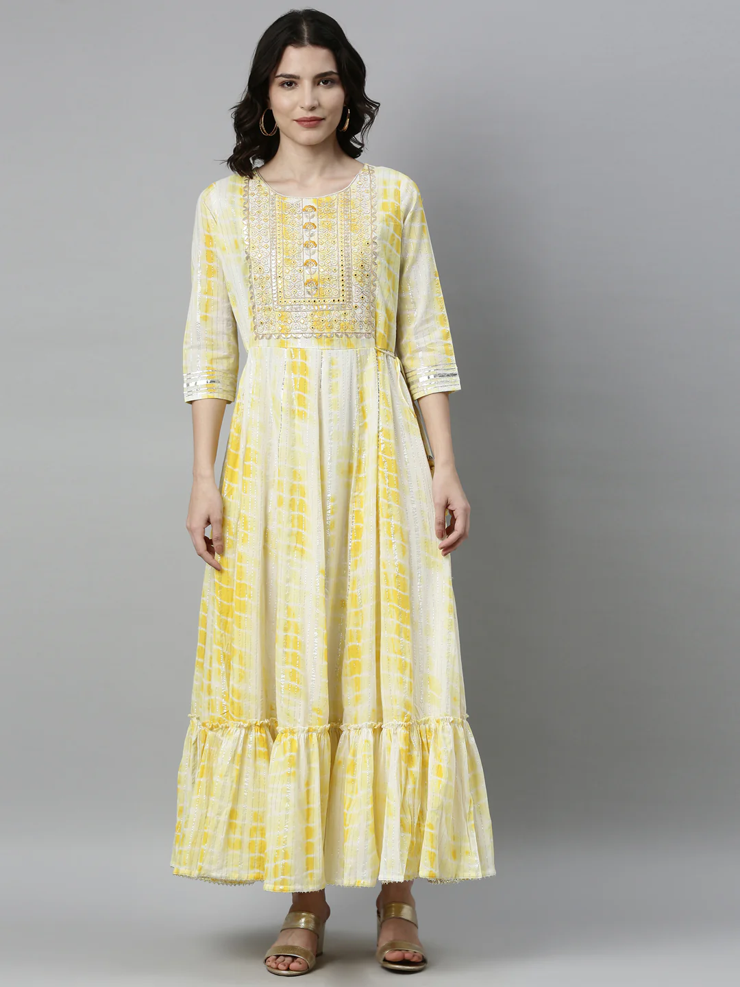 Neerus Women Yellow White Dyed Thread Work Satin Anarkali Kurta