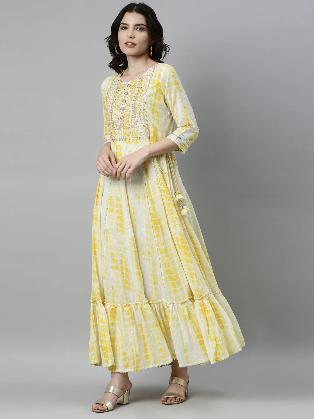 Neerus Women Yellow White Dyed Thread Work Satin Anarkali Kurta - Image 2