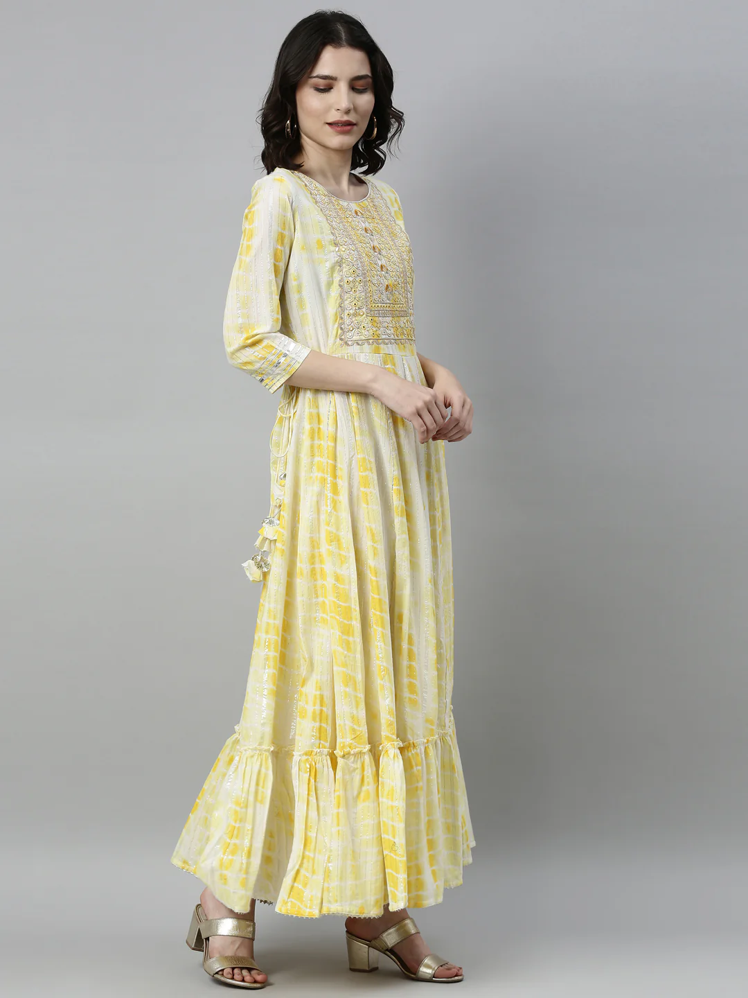 Neerus Women Yellow White Dyed Thread Work Satin Anarkali Kurta - Image 3