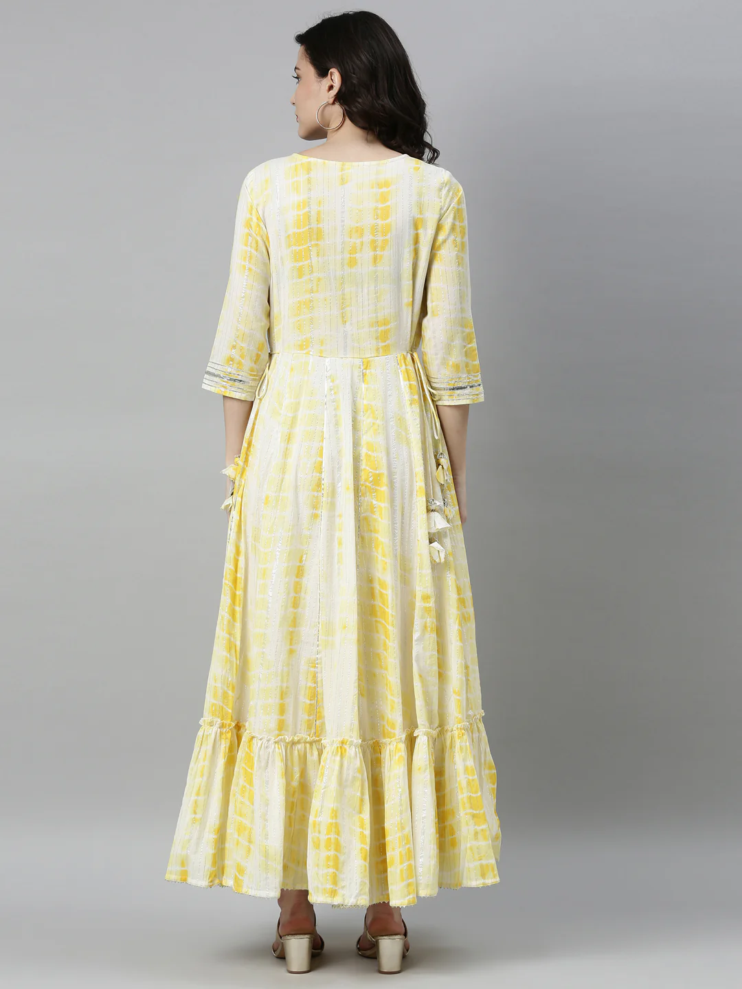 Neerus Women Yellow White Dyed Thread Work Satin Anarkali Kurta - Image 4