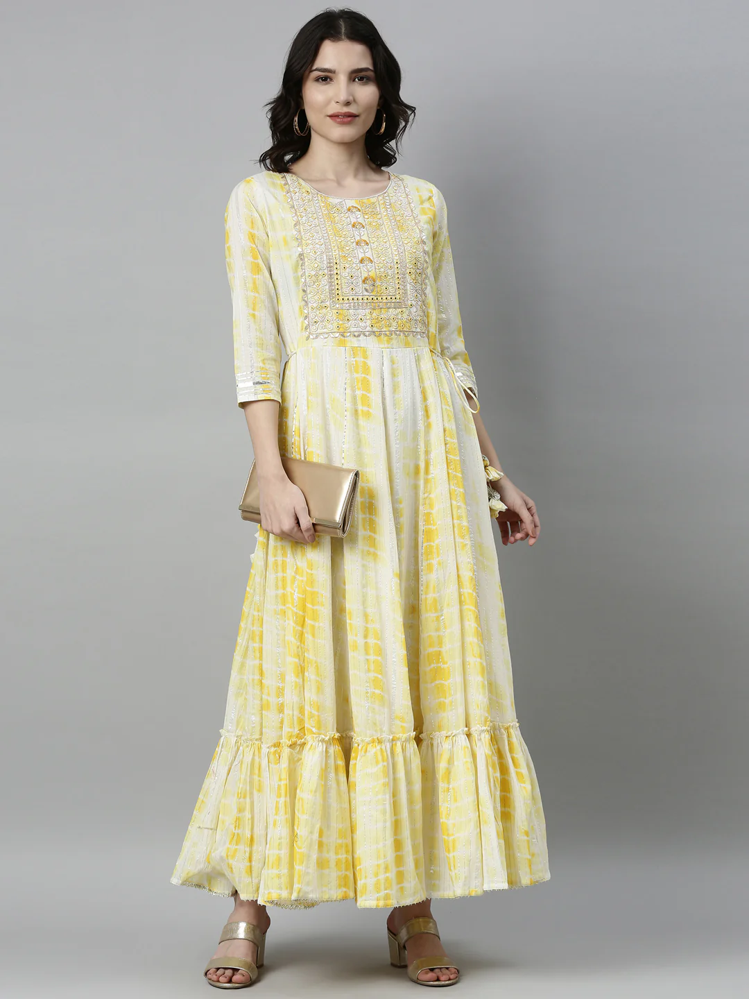 Neerus Women Yellow White Dyed Thread Work Satin Anarkali Kurta - Image 6