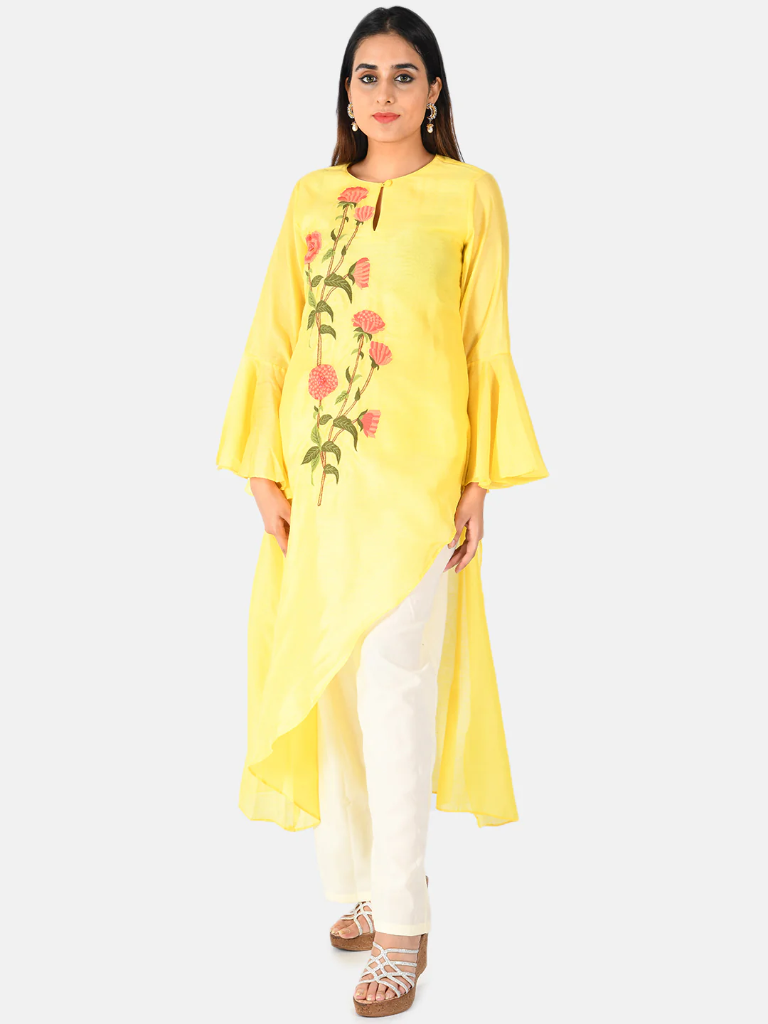Neerus Women Yellow White Embroidered Kurta with Palazzos