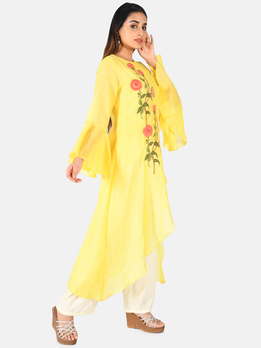 Neerus Women Yellow White Embroidered Kurta with Palazzos - Image 3