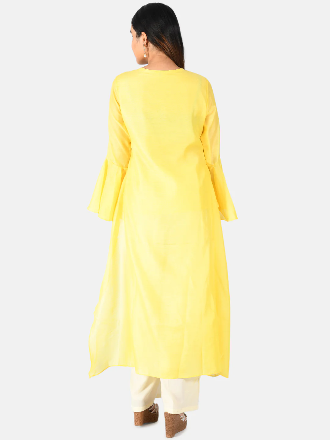 Neerus Women Yellow White Embroidered Kurta with Palazzos - Image 4