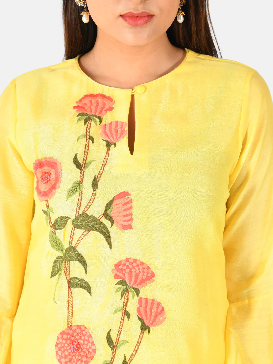Neerus Women Yellow White Embroidered Kurta with Palazzos - Image 5