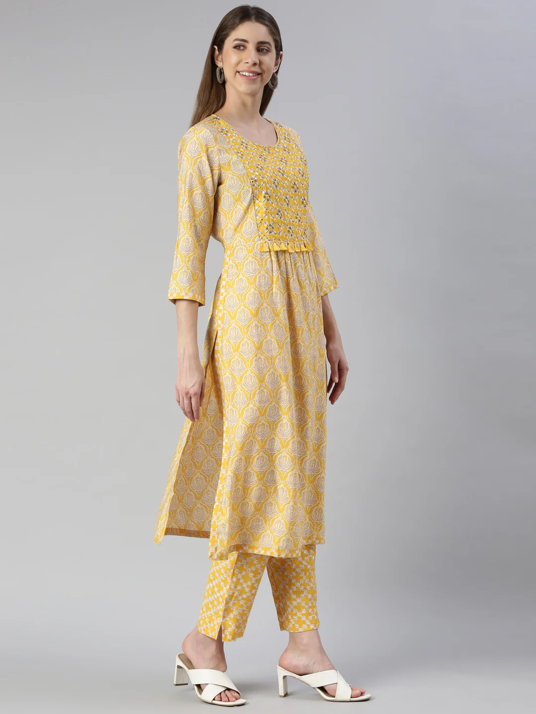 Neerus Women Yellow Yoke Design Calf Length Kurta And Trousers With Dupatta - Image 2