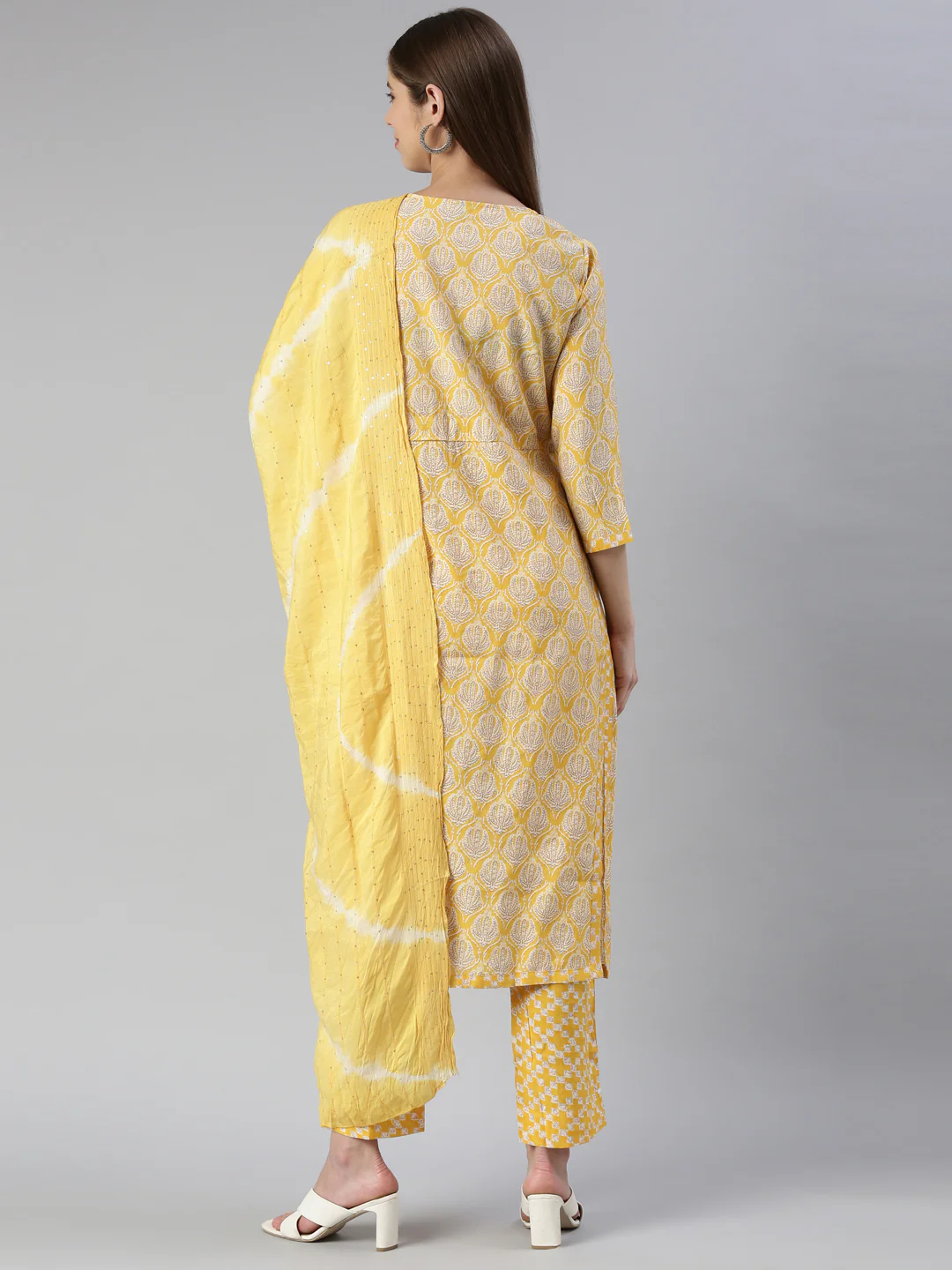 Neerus Women Yellow Yoke Design Calf Length Kurta And Trousers With Dupatta - Image 3