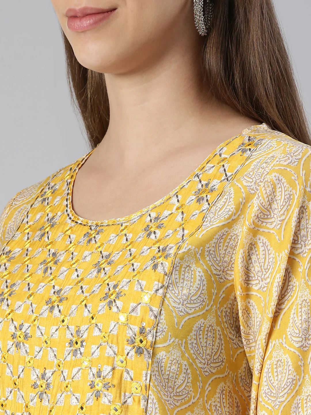 Neerus Women Yellow Yoke Design Calf Length Kurta And Trousers With Dupatta - Image 4