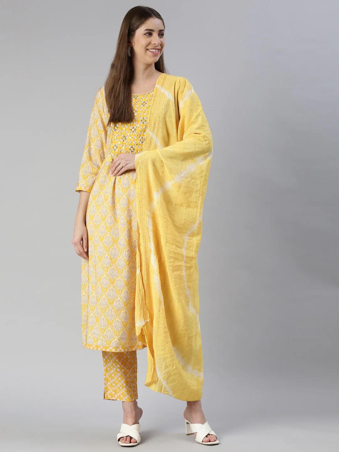 Neerus Women Yellow Yoke Design Calf Length Kurta And Trousers With Dupatta - Image 5