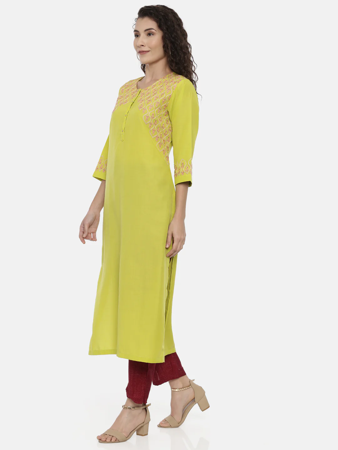 Neerus Women Yellow Yoke Design Thread Work Kurta - Image 2