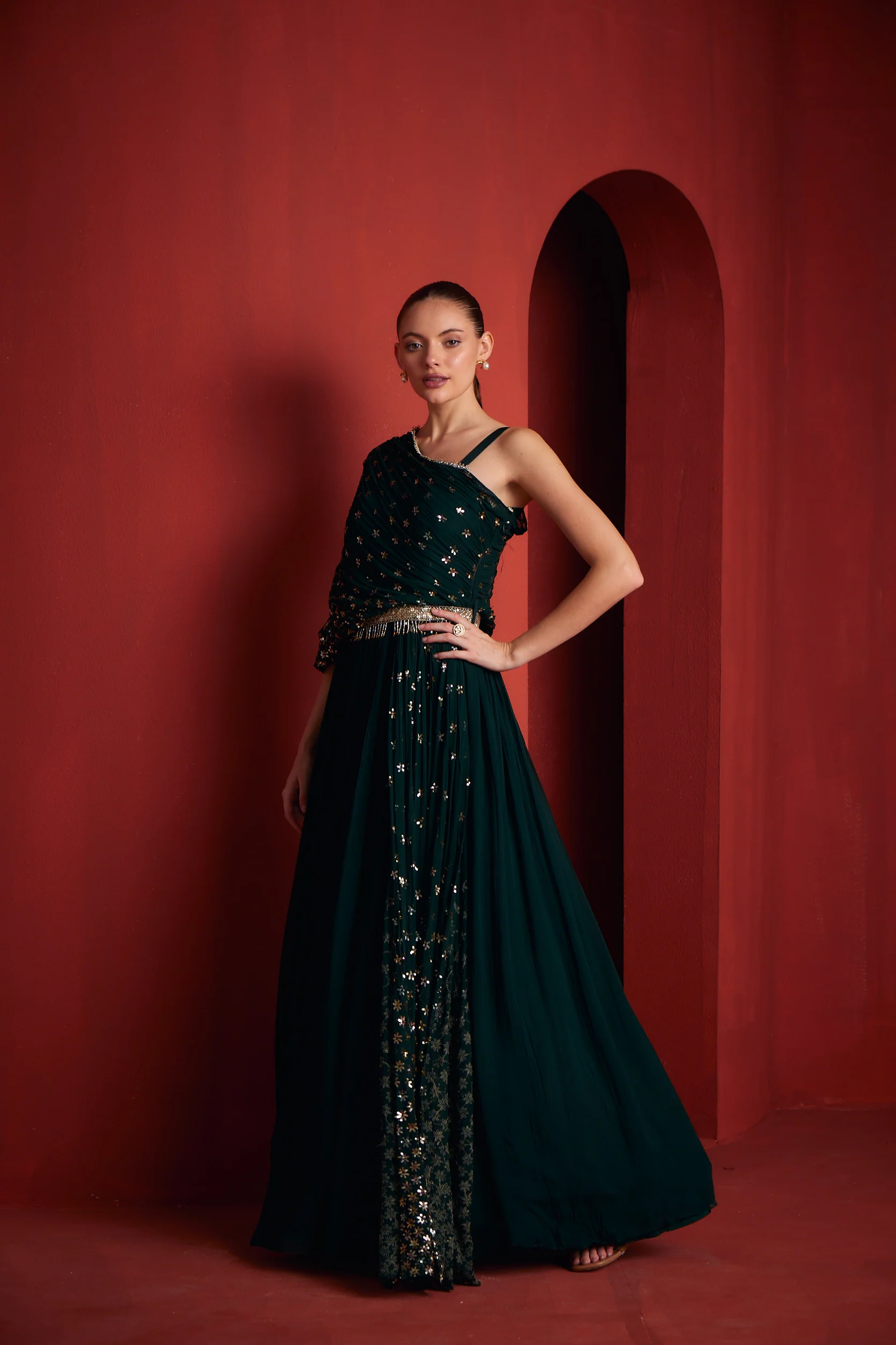 Neerus Womens Green Color Georgette Fusion Set - Image 4