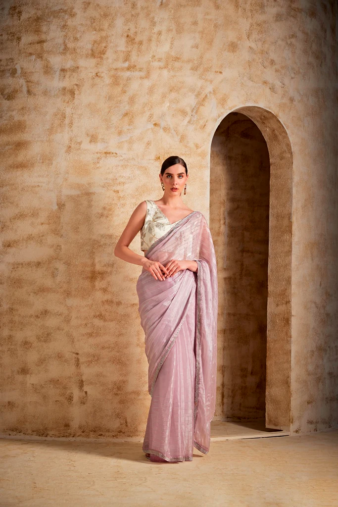 Neerus Womens Lilac Color Organza Fabric Saree