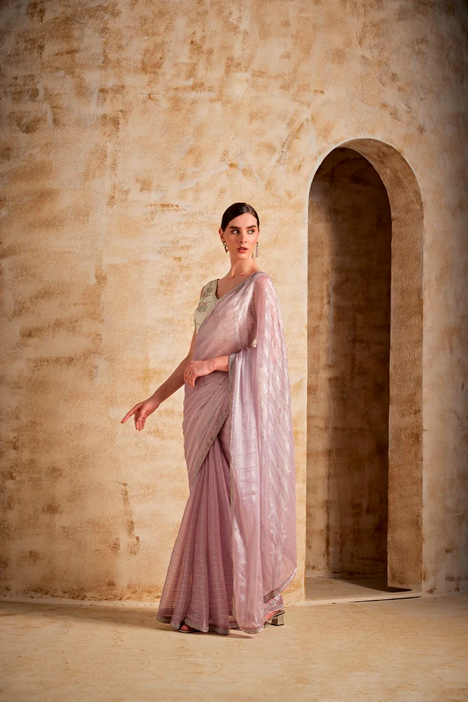 Neerus Womens Lilac Color Organza Fabric Saree - Image 2