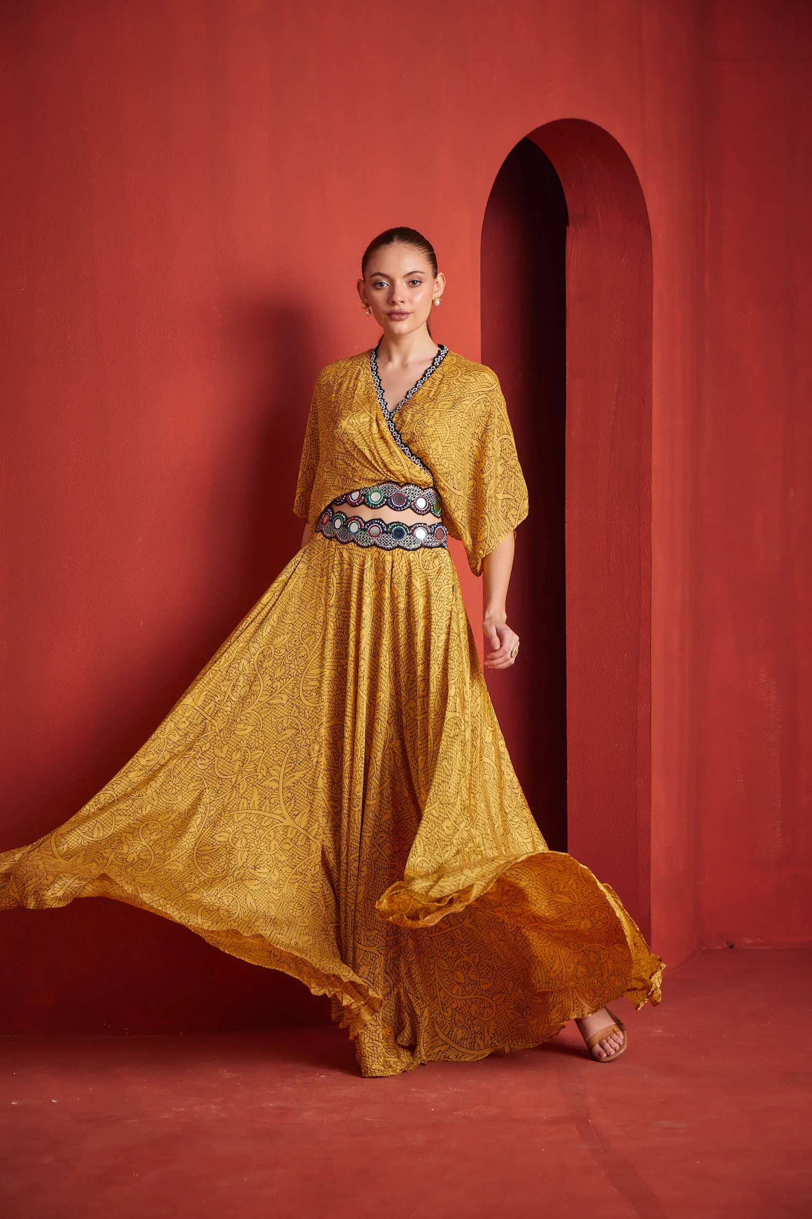 Neerus Womens Mustard Color Georgette Fabric Fusion Suit Set - Image 2
