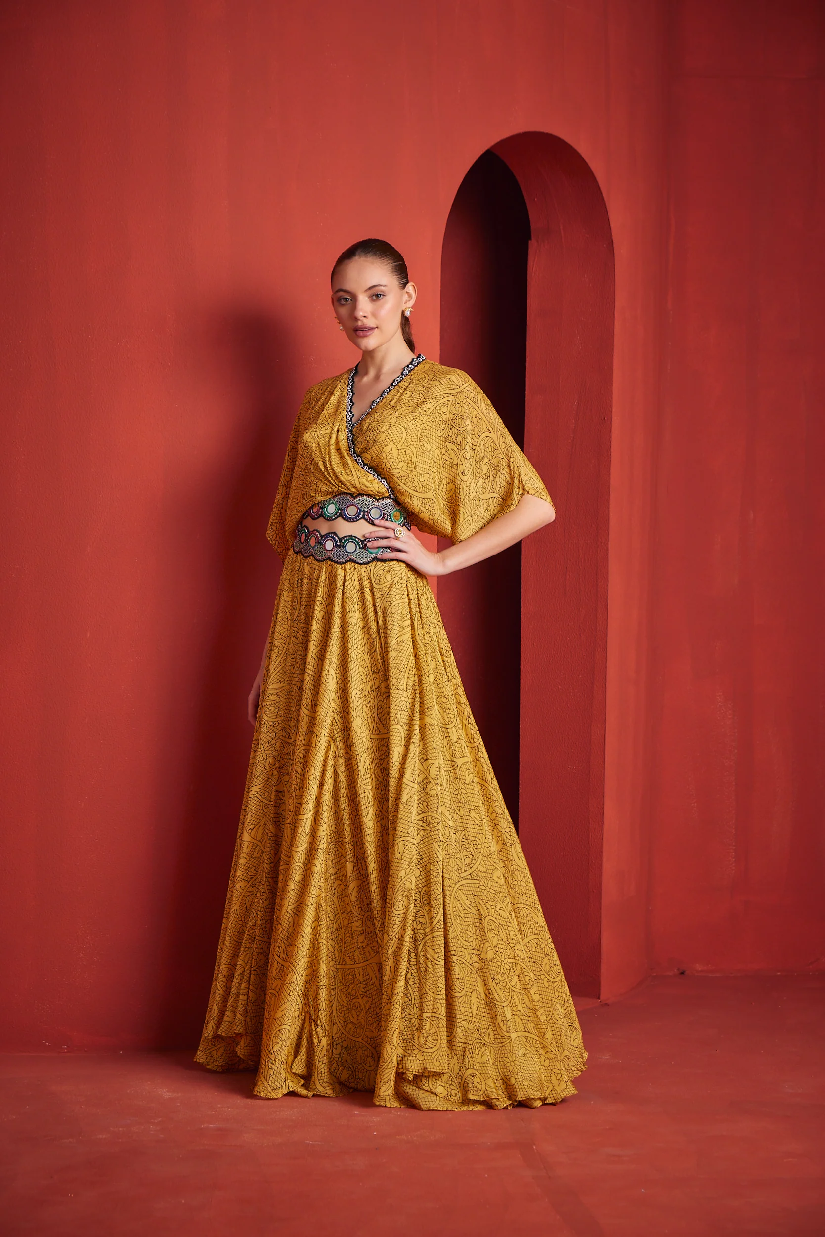 Neerus Womens Mustard Color Georgette Fabric Fusion Suit Set - Image 3