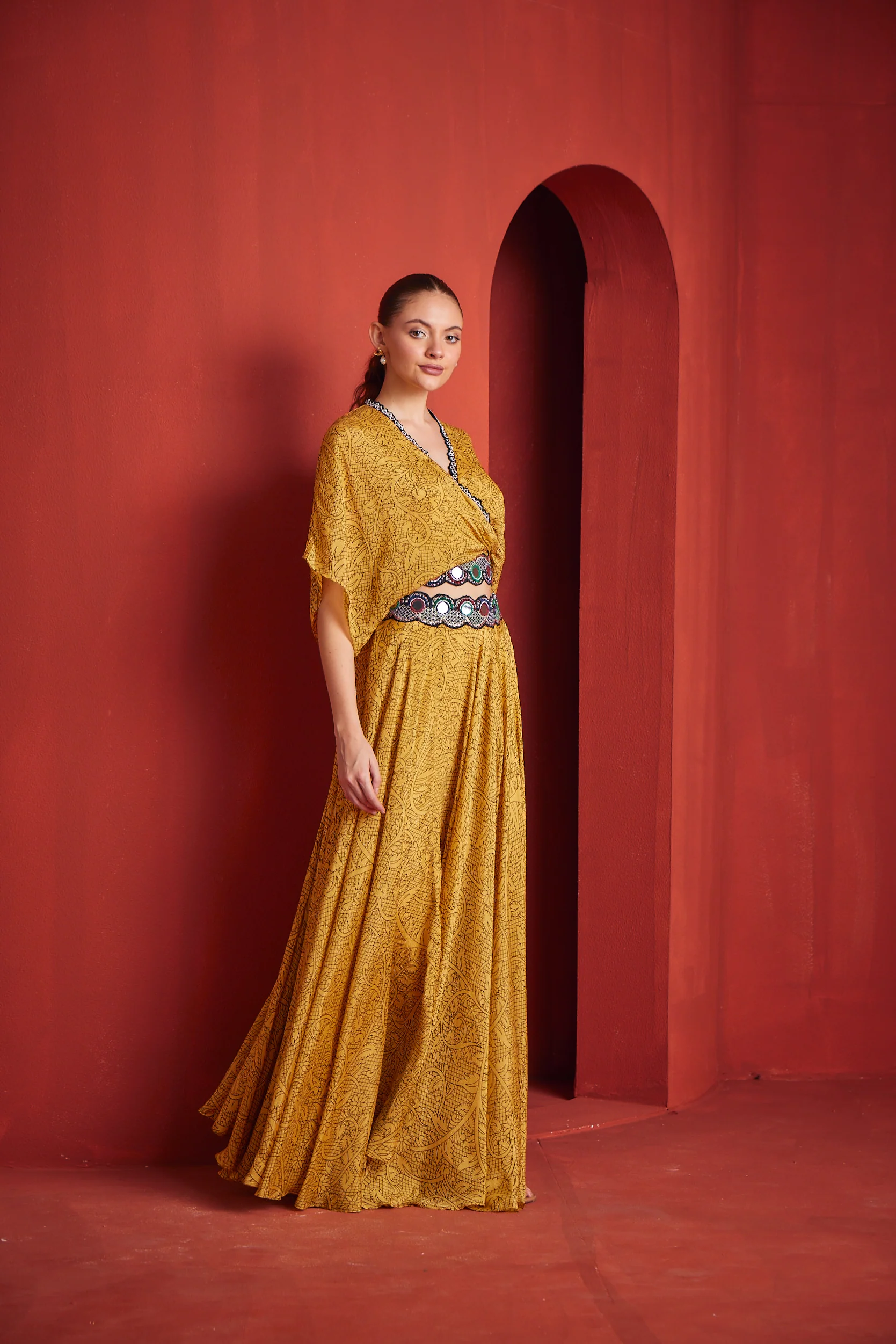 Neerus Womens Mustard Color Georgette Fabric Fusion Suit Set - Image 4