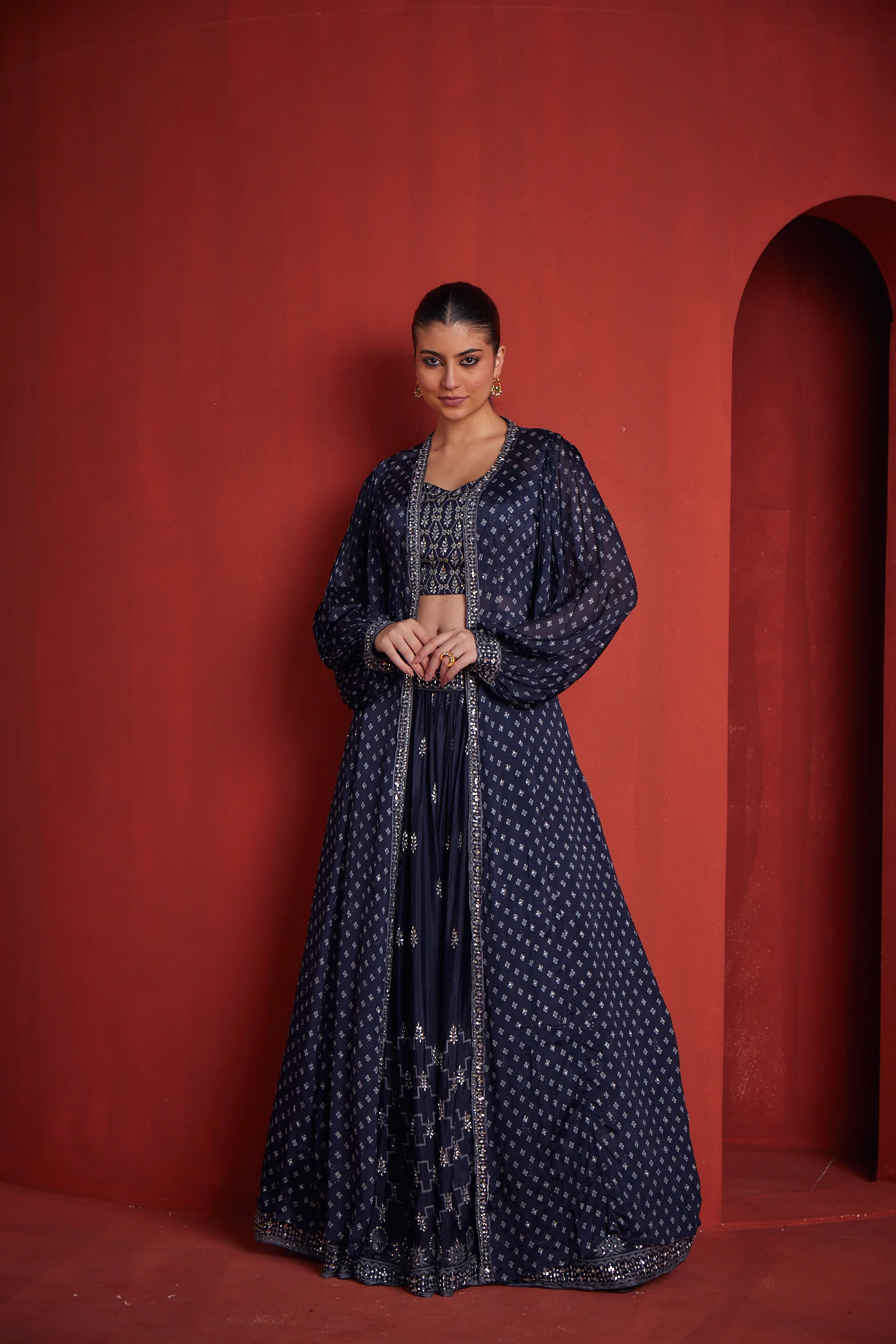 Neerus Womens Navy Blue Crepe Fabric Fusion Suit Set
