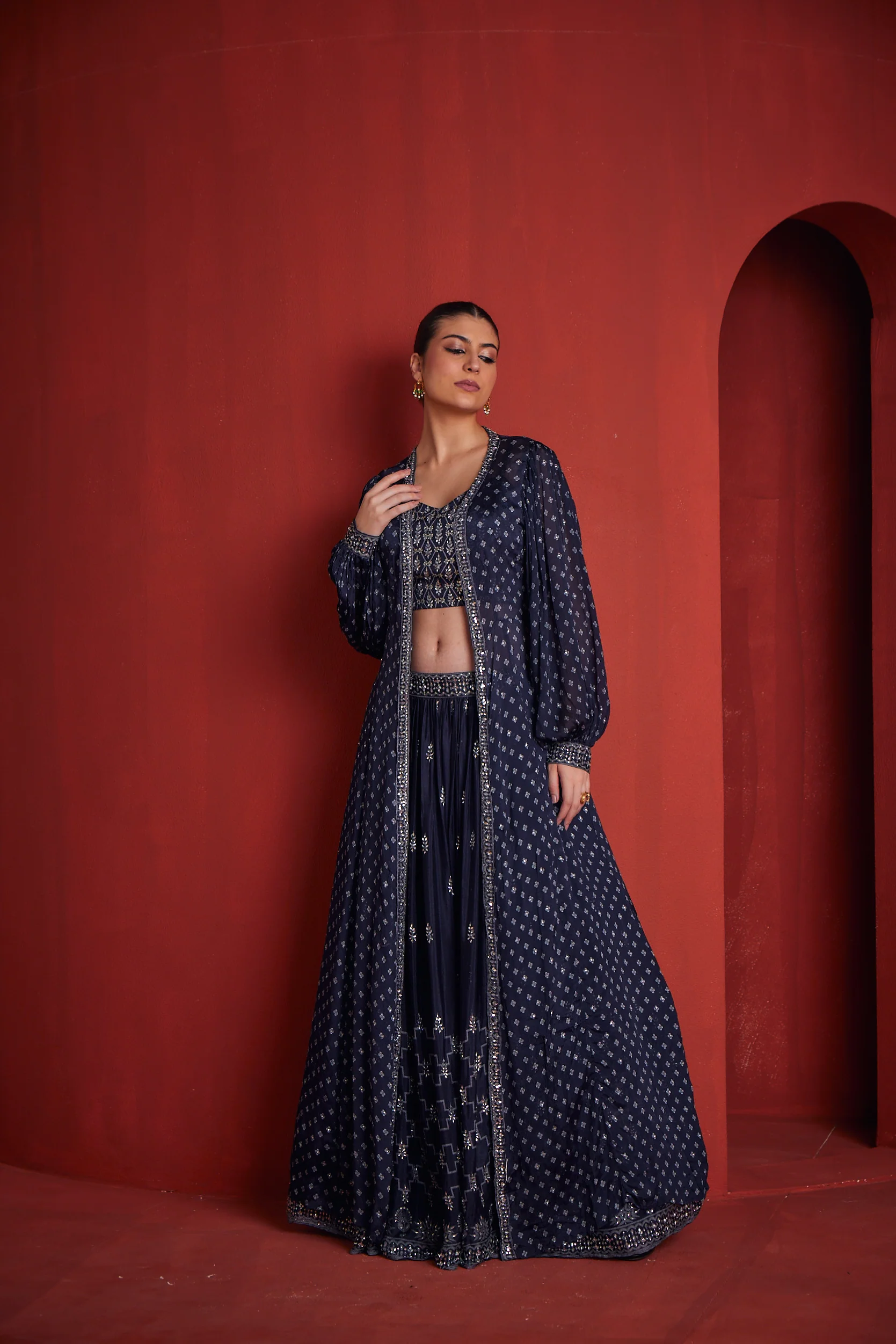 Neerus Womens Navy Blue Crepe Fabric Fusion Suit Set - Image 2