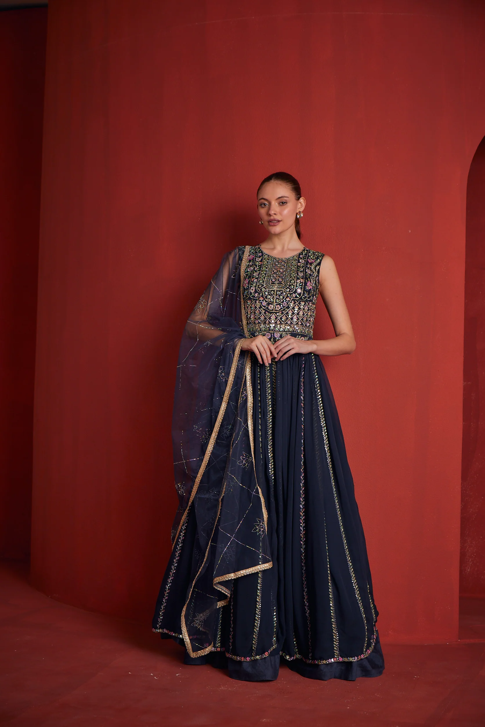 Neerus Womens Navy Bule Gown - Image 3
