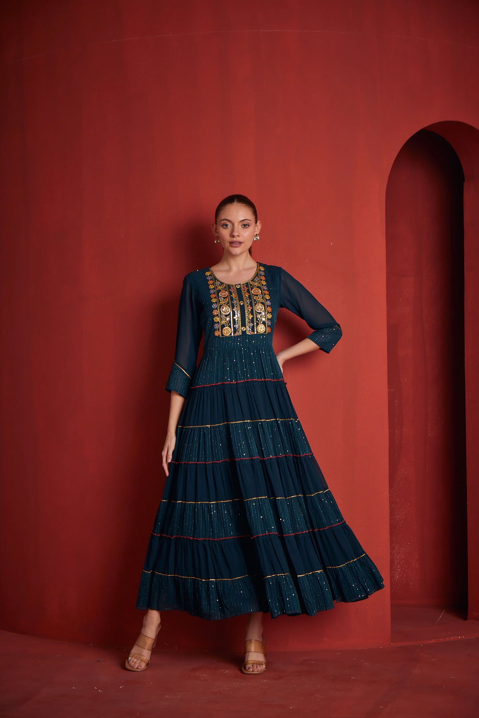 Neerus Womens Peacock Color Georgette Fabric Dress
