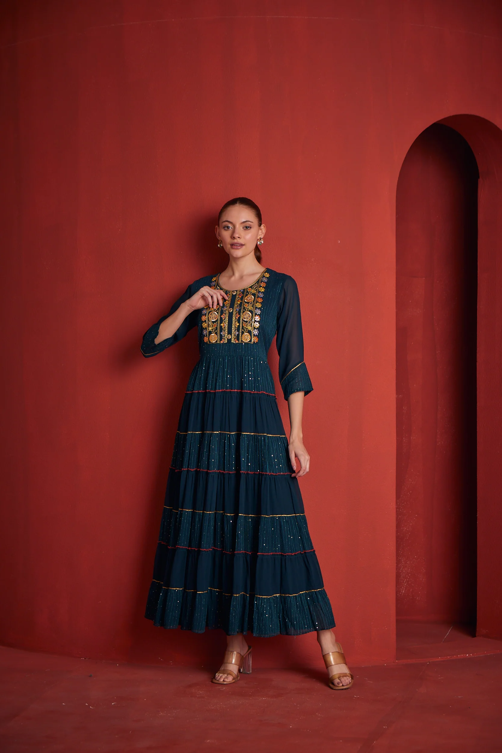 Neerus Womens Peacock Color Georgette Fabric Dress - Image 2