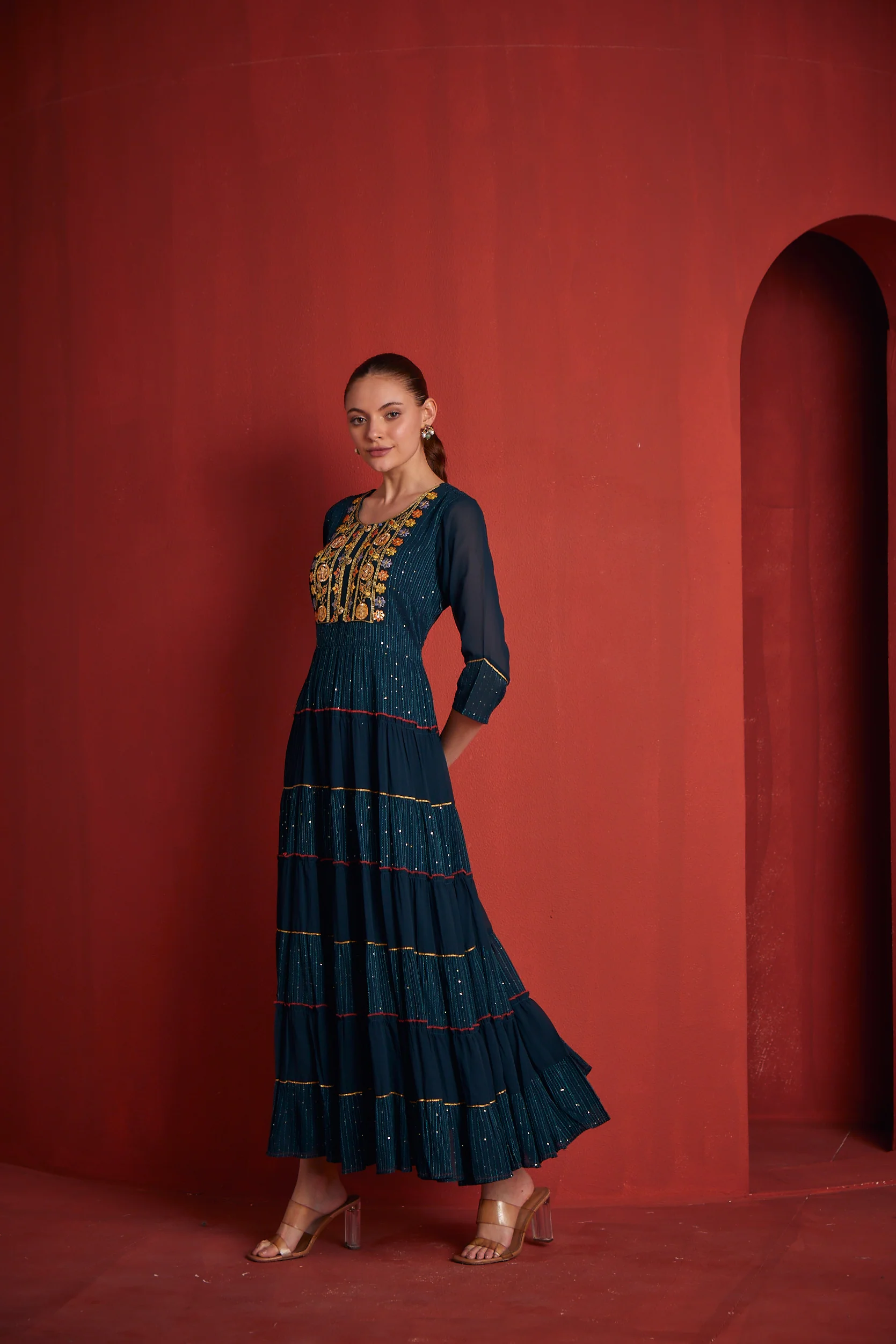 Neerus Womens Peacock Color Georgette Fabric Dress - Image 3