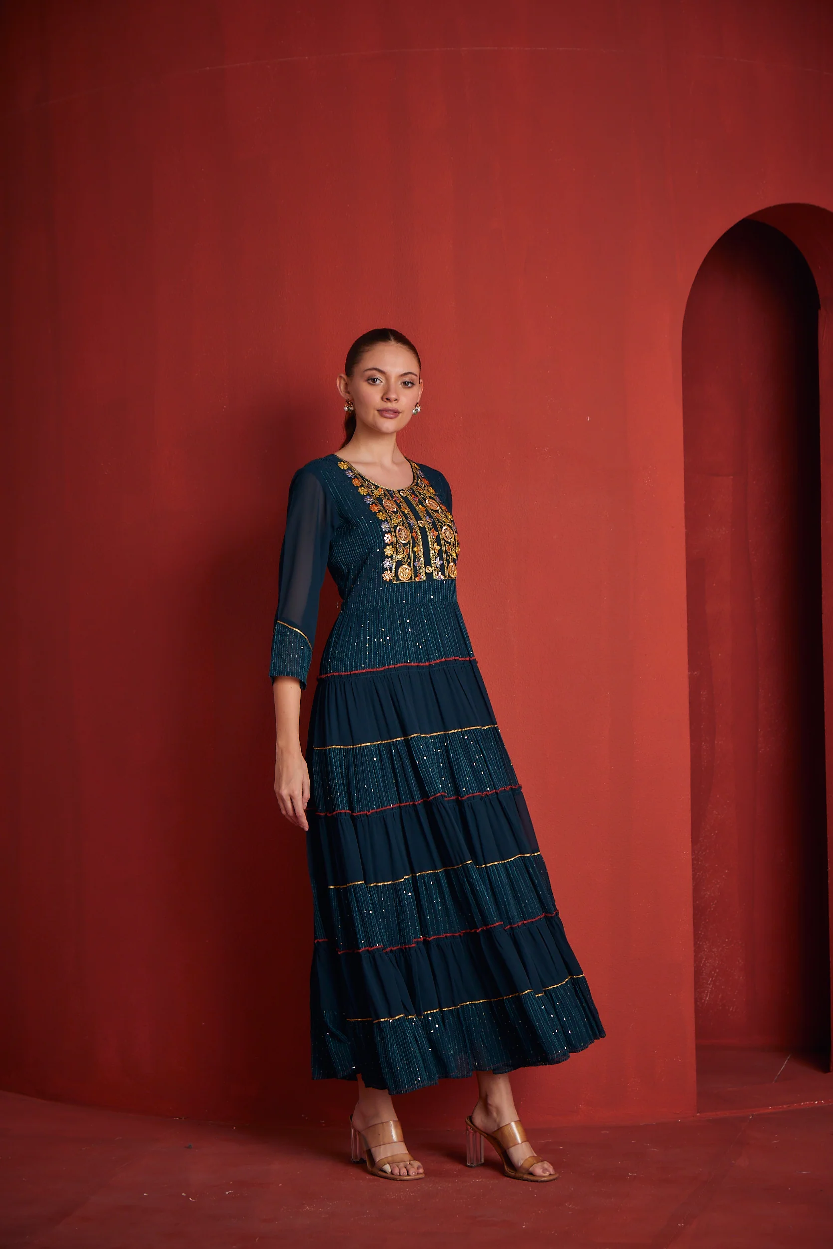 Neerus Womens Peacock Color Georgette Fabric Dress - Image 4