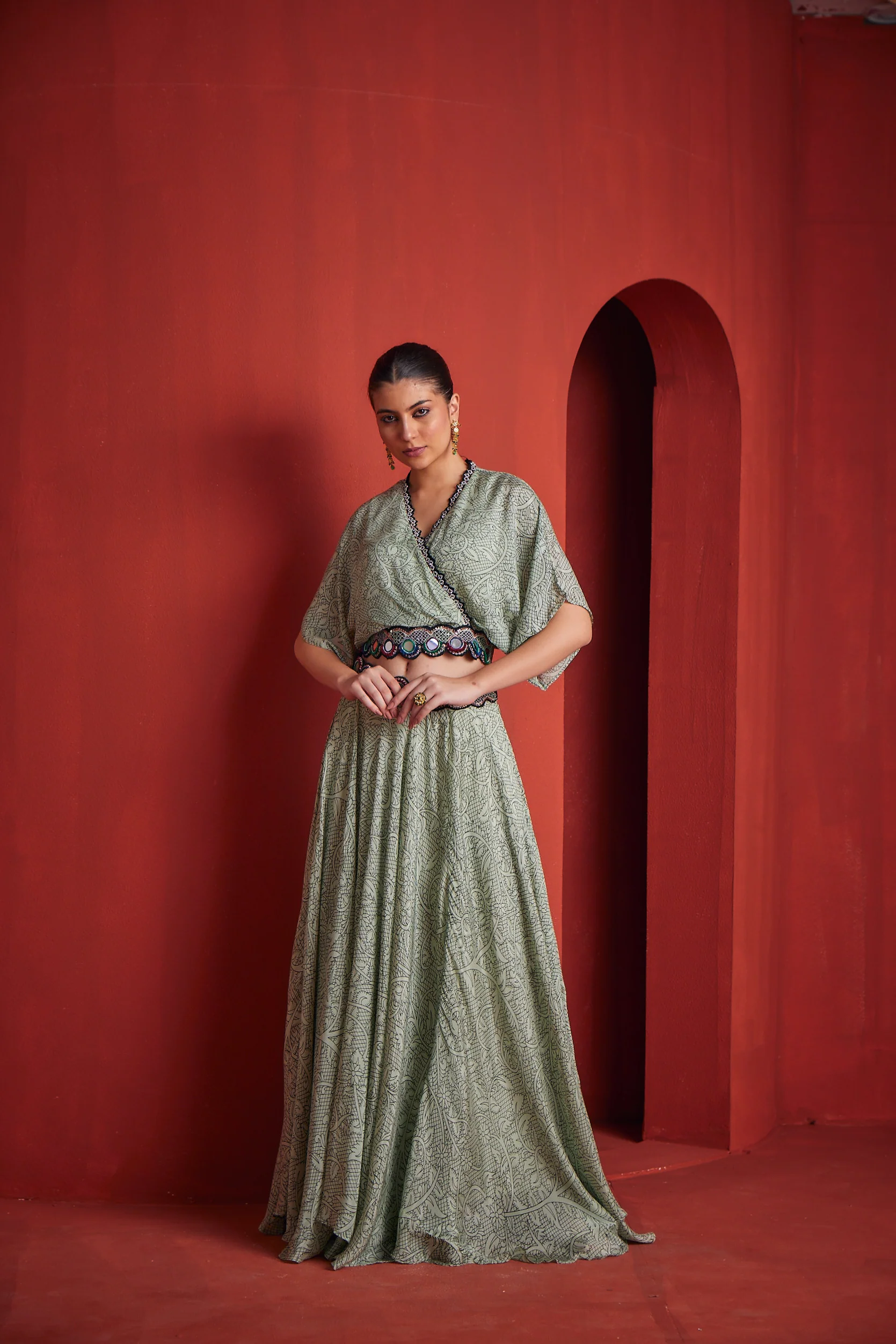 Neerus Womens Pista Color Georgette Fabric Fusion Set