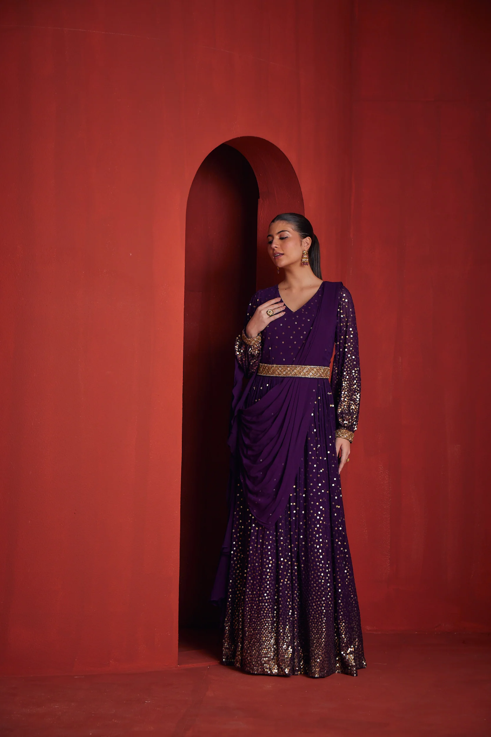 Neerus Womens Purple Color Georgette Fabric Dress