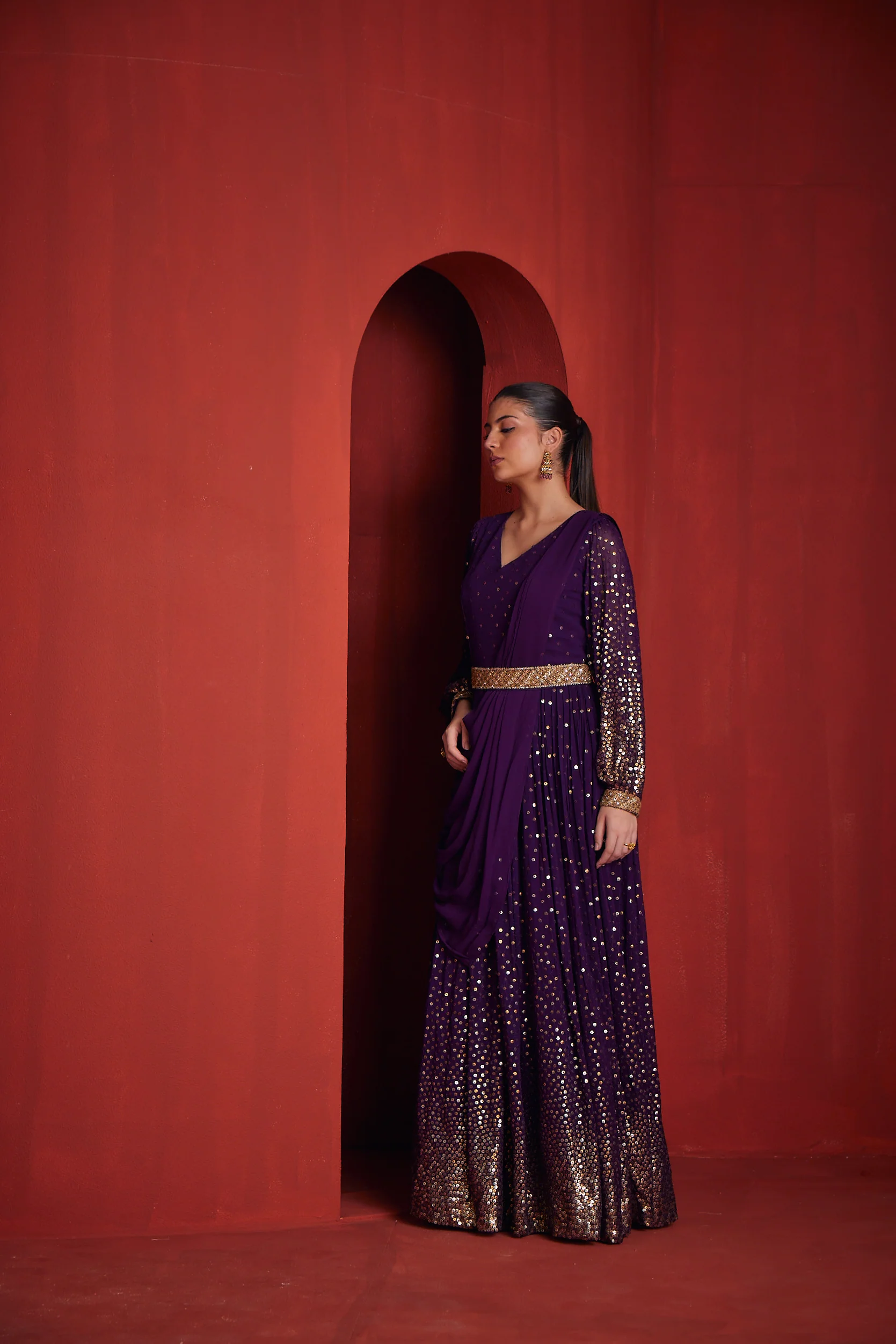 Neerus Womens Purple Color Georgette Fabric Dress - Image 2