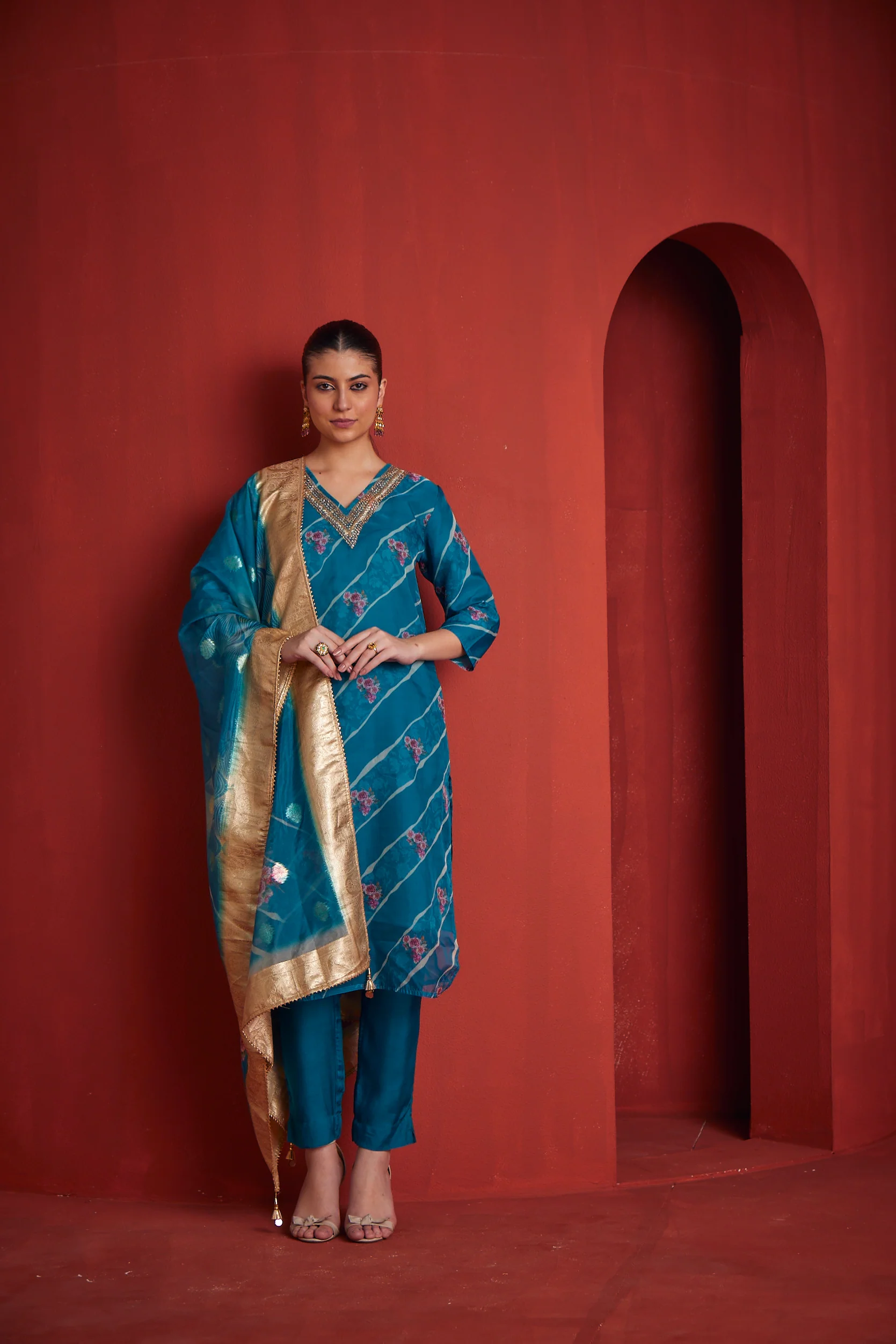 Neerus Womens Rama Color Chanderi Fabric Kurta Set