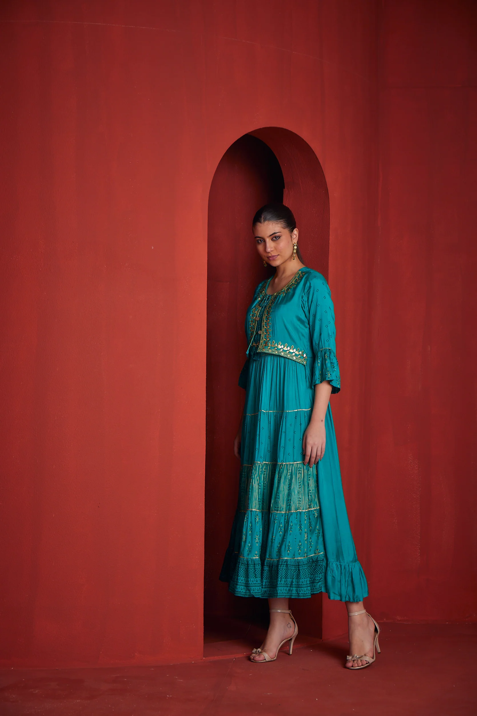 Neerus Womens Rama Color Santoon Fabric Dress - Image 2