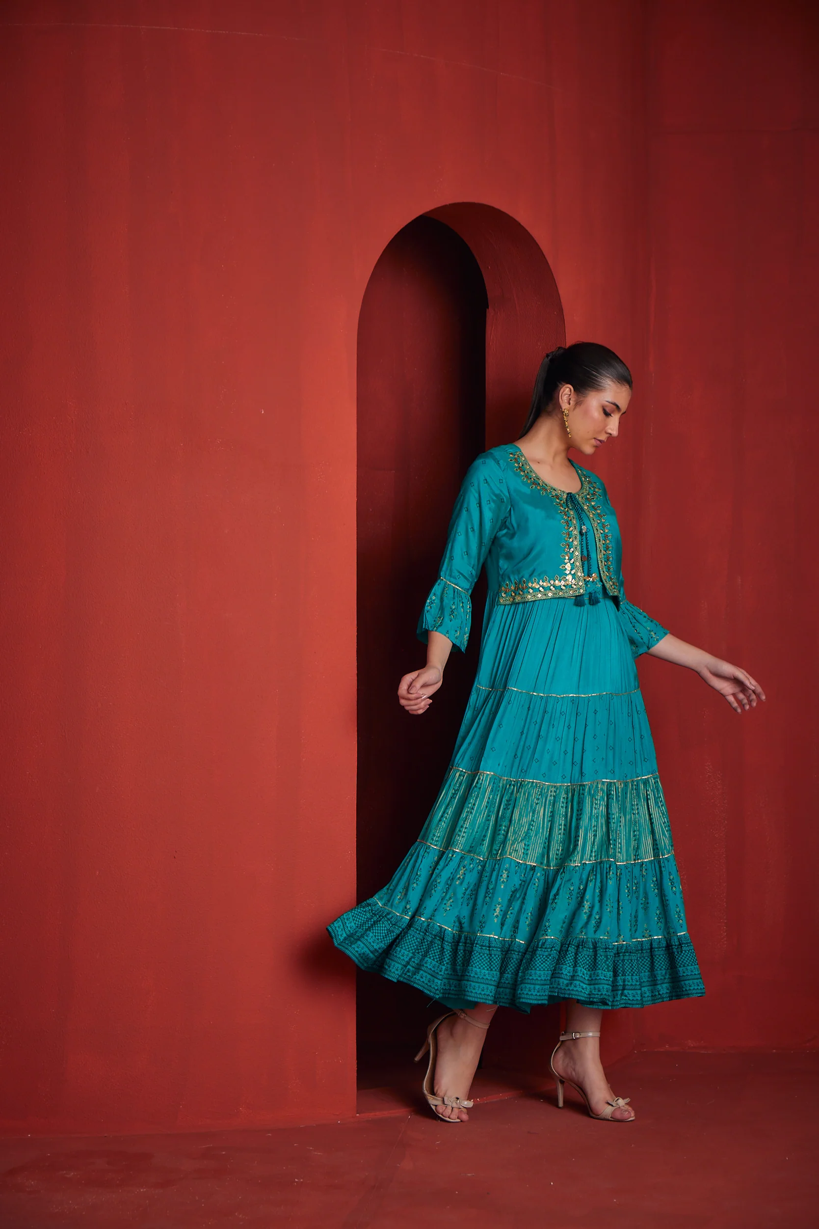 Neerus Womens Rama Color Santoon Fabric Dress - Image 3