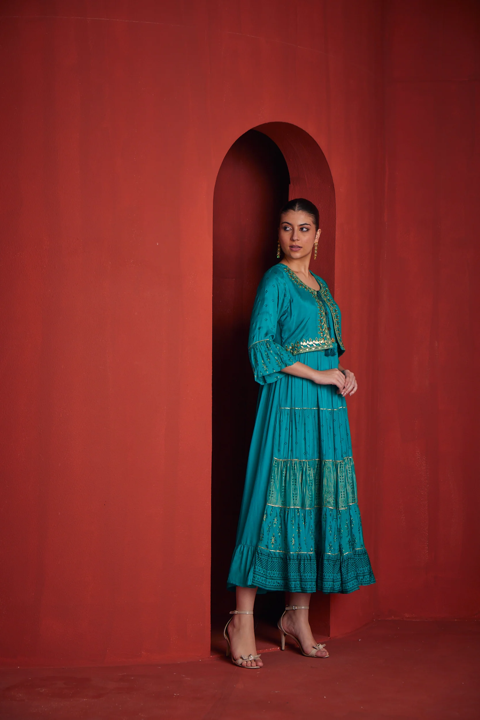 Neerus Womens Rama Color Santoon Fabric Dress - Image 4